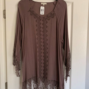 Women's Indigo Soul 2XL Crochet Trim Brown Tunic